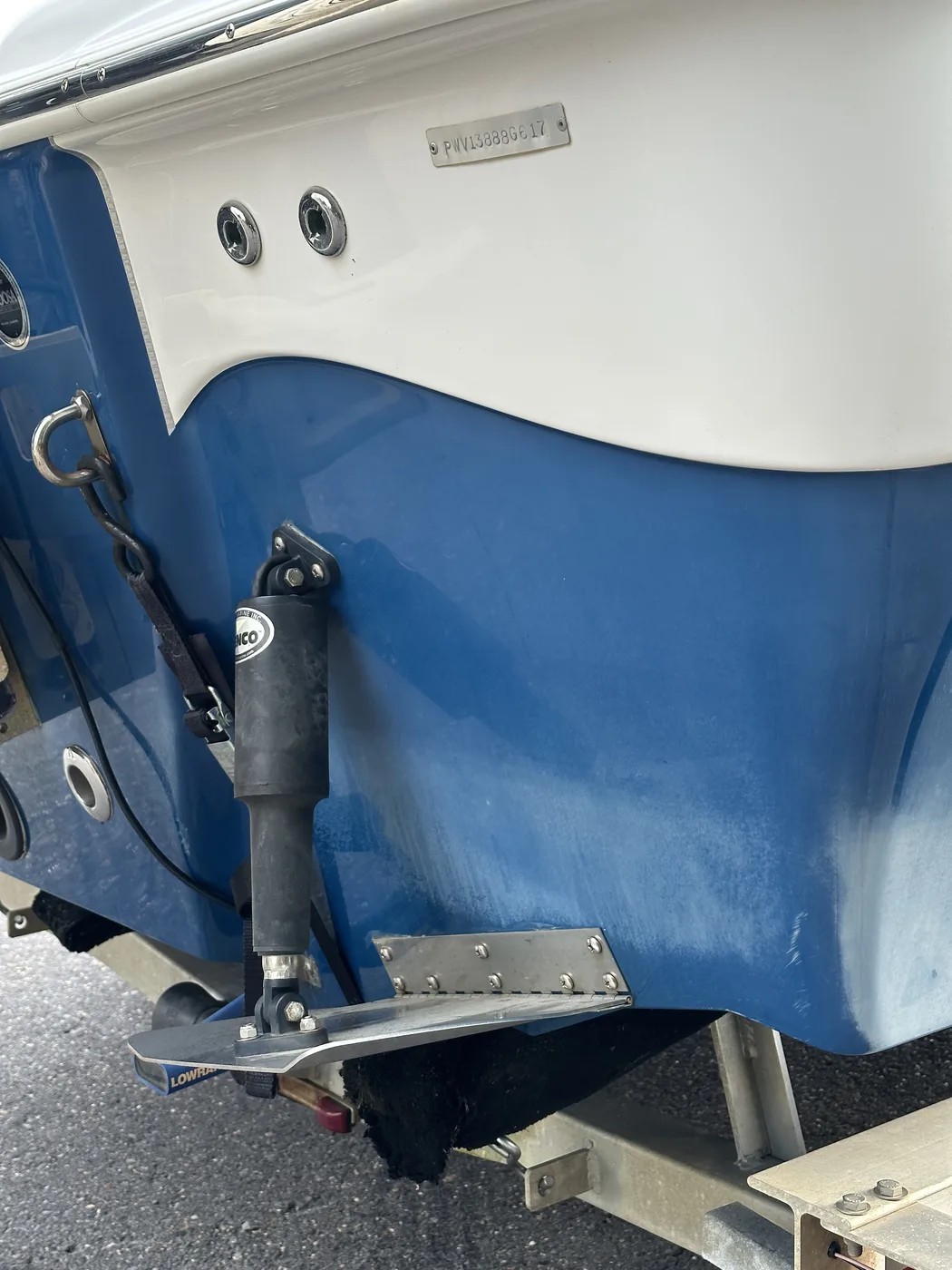 Blue gelcoat stern before restoration